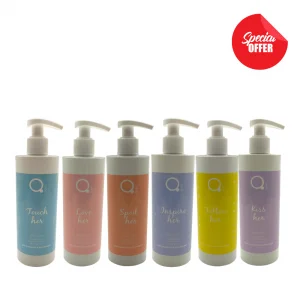 Qure 6 Body Lotion bottles each bottle represents a different fragrance
