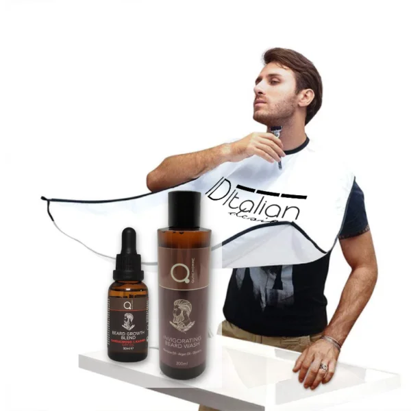 Shaving - Trimming Bundle - Beard Growth Blend Dry Oil Sandalwood and Kashmir & Invigorating Beard Wash & ID Italian Trimming Cape