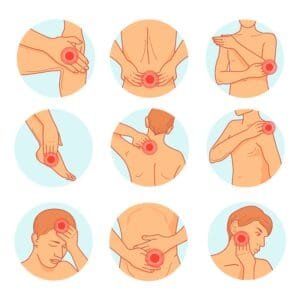 Muscle pain joints. Frozen body joint injury inflammation neck back elbow shoulder, chiropractor treatment cervical spine sciatica jaw hand knee, cartoon neat vector illustration