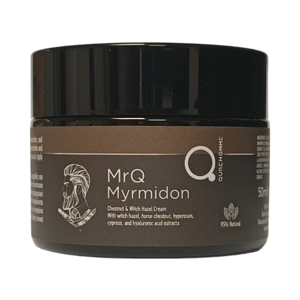 Horse Chestnut and Hamamelis Cream MrQ Myrmidon Chestnut & Witch Hazel Cream 50ml jar with witch hazel, horse chestnut, hypericum, cypress, and hyaluronic acid extracts for skin soothing and hydration