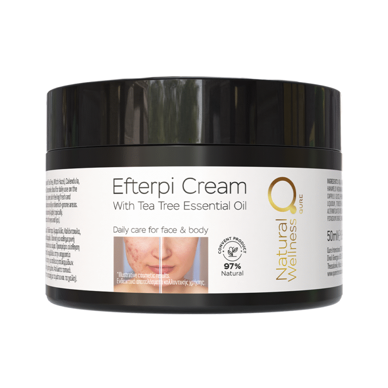 Efterpi Cream 50ml by Natural Wellness by Qure, κρέμα προσώπου και σώματος με έλαιο τεϊόδεντρου, 97% φυσικά συστατικά και ενδεικτικά κοσμητικά αποτελέσματα σε προβληματική επιδερμίδα. Efterpi Cream 50ml by Natural Wellness by Qure, face and body cream with tea tree oil, 97% natural ingredients and indicative cosmetic results on problematic skin.