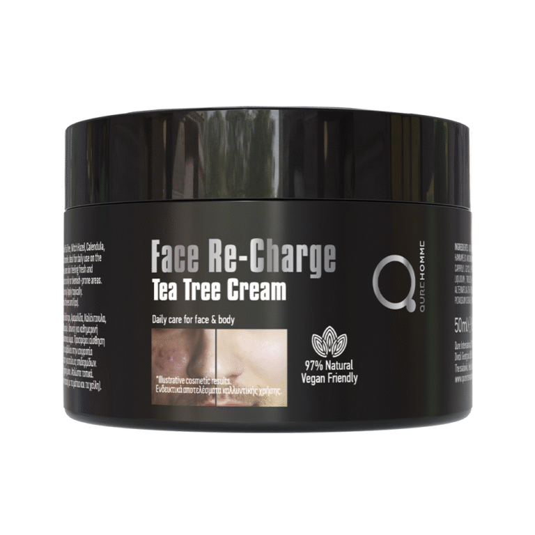 Tea Tree Oil Face Cream by QureHomme 50ml, ανδρική κρέμα προσώπου και σώματος με τεϊόδεντρο, vegan friendly, για ακμή, λιπαρότητα, μυκητιάσεις νυχιών και καταπράυνση μετά το ξύρισμα. Tea Tree Oil Face Cream by QureHomme 50ml, men's face and body cream with tea tree, vegan friendly, for acne, oiliness, nail fungus, and post-shave soothing.