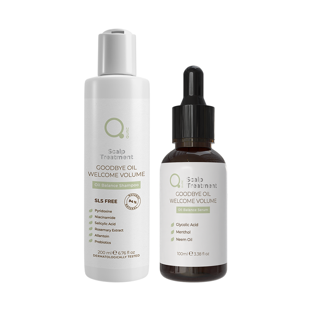 Oil Balance Hair Treatment Formula Kit της Qure, που περιλαμβάνει τον ορό 100ml και το σαμπουάν 200ml SLS Free για την ολοκληρωμένη ρύθμιση της λιπαρότητας και την απόκτηση όγκου στα μαλλιά.