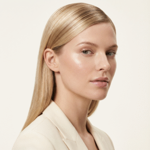 SHE Hydro Lux Pomade, glossy sidepart hairstyle blonde