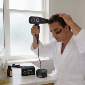 Peptides Eye Lift Patches – B3 & Peptides Hydrogel Eye Lift Patches by Face Re-Charge | Modern Businessman in white robe blowdrying hair with Aeolus Hairdryer
