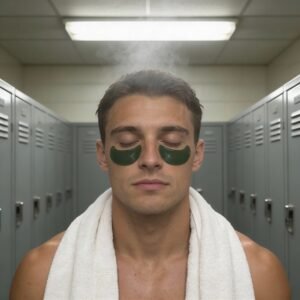 man lifting a glossy dark green hydrogel eye patch | toweldraped athletic man in locker room wearing darkgreen eye patches